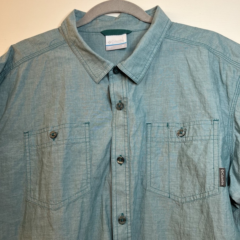 Columbia Mens XL Short Sleeve Button Down Shirt Teal Blue Cotton Hiking Utility